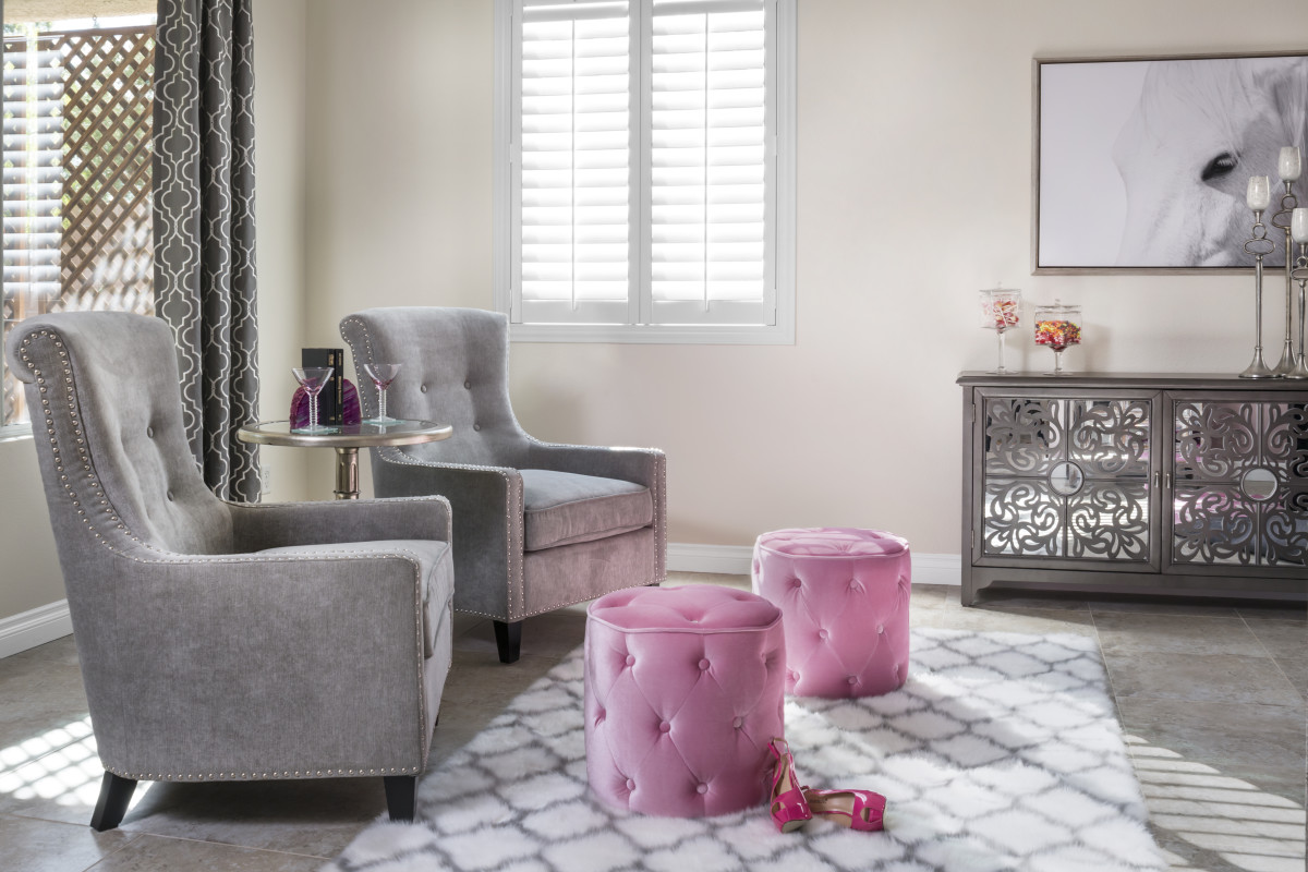 Hartford pink living room with shutters